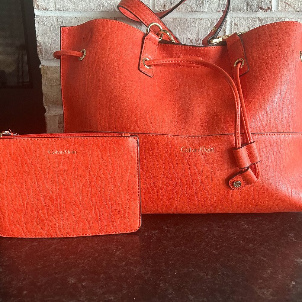 Calvin Klein Purse, Reversible Leather Look Orange Purse Shoulder Bag Drawstring